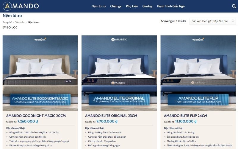 Danh sách 10 cửa hàng nệm Lâm Đồng chất lượng và giá tốt 4 Chọn mua nệm lò xo online dễ dàng trên website Amando