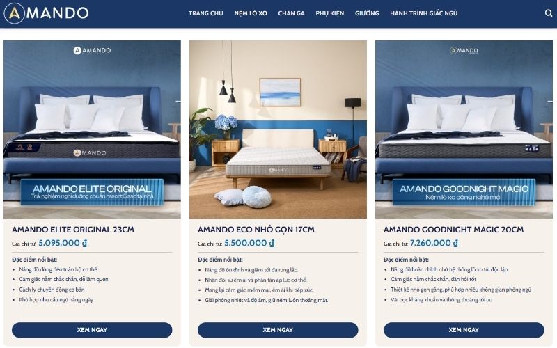 Chọn mua nệm Amando online dễ dàng trên website